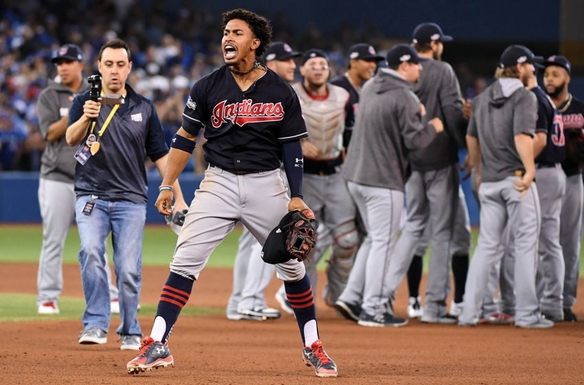 Oct 19, 2016; Toronto, Ontario, CAN; Cleveland Indians shortstop Francisco Lindor (12) celebrates beating the Toronto Blue Jays in game five of the 2016 ALCS playoff baseball series at Rogers Centre. Mandatory Credit: Nick Turchiaro-USA TODAY Sports