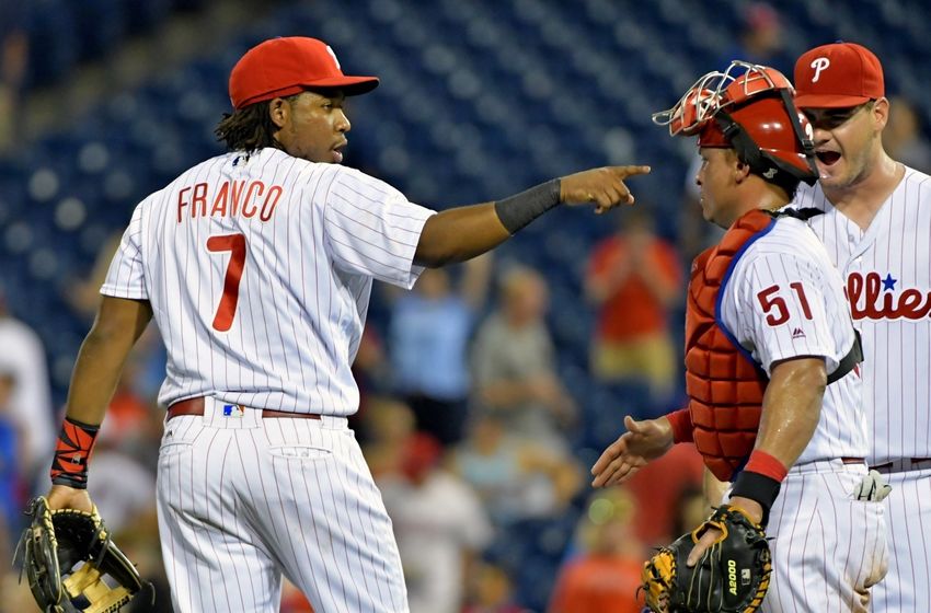 After a Victory, Franco Points to One of His Teammates in the Statistical Comparison. Photo by Eric Hartline - USA TODAY Sports.