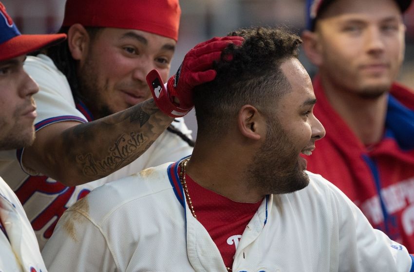 Galvis Rubs Blanco's Head in the Seventh Inning of Game 162's Victory. Photo by Bill Streicher - USA TODAY Sports.