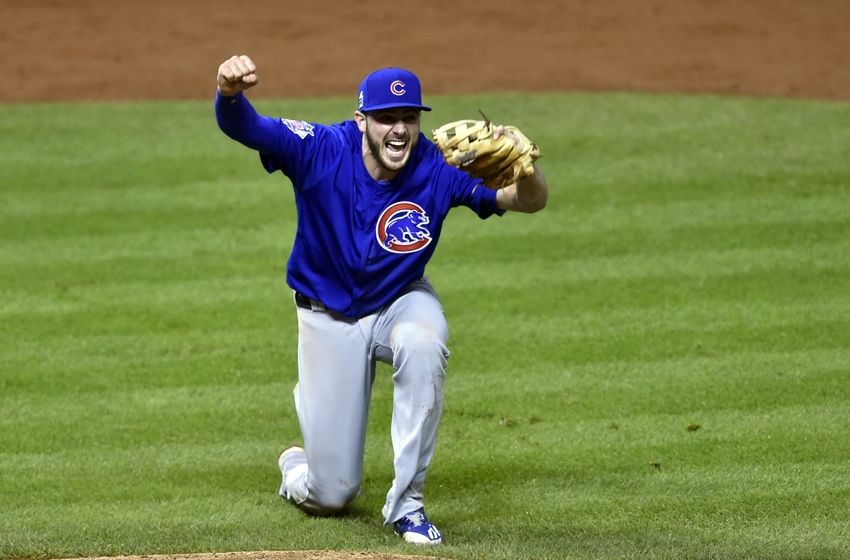 Nov 2, 2016; Cleveland, OH, USA; Chicago Cubs third baseman Kris Bryant celebrates after defeating the Cleveland Indians in game seven of the 2016 World Series at Progressive Field. Mandatory Credit: David Richard-USA TODAY Sports