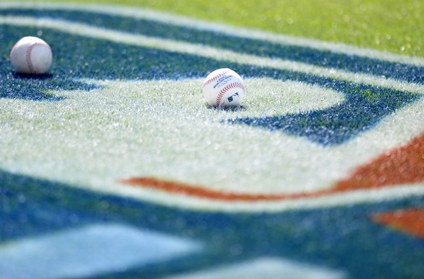 Apr 11, 2015; San Diego, CA, USA; A detailed view of baseball on the MLB logo at Petco Park. Mandatory Credit: Jake Roth-USA TODAY Sports