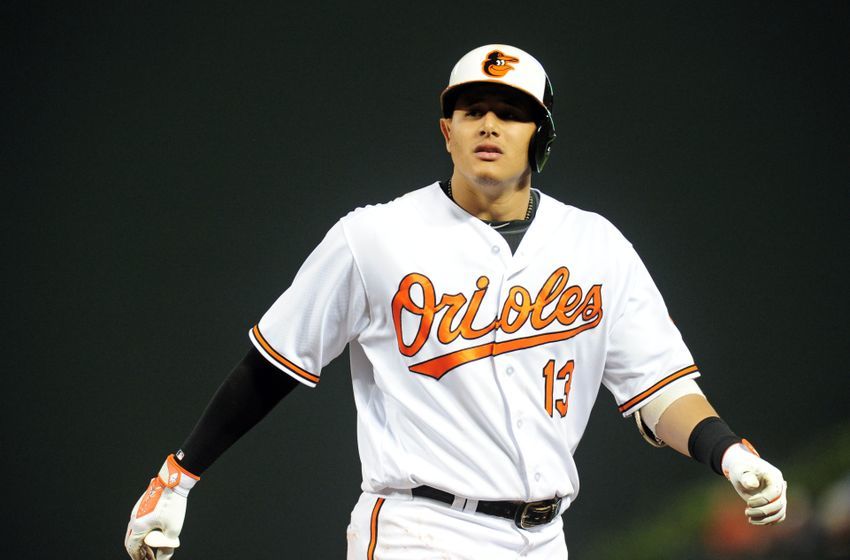 Sep 15, 2016; Baltimore, MD, USA; Baltimore Orioles third baseman Manny Machado (13) reacts after flying out in the game against the Tampa Bay Rays at Oriole Park at Camden Yards. Mandatory Credit: Evan Habeeb-USA TODAY Sports