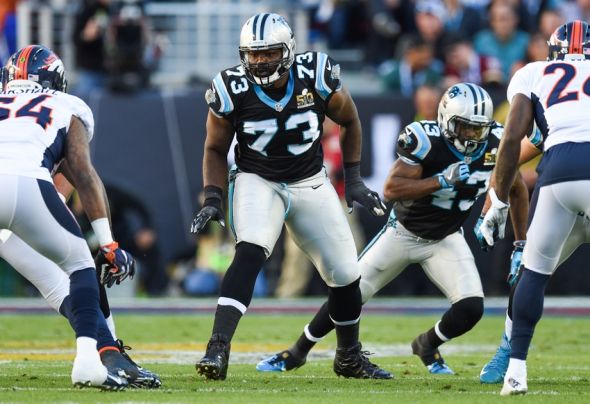 Feb 7, 2016; Santa Clara, CA, USA; Carolina Panthers tackle Michael Oher (73) at the line of scrimmage during the first quarter against the Denver Broncos in Super Bowl 50 at Levi