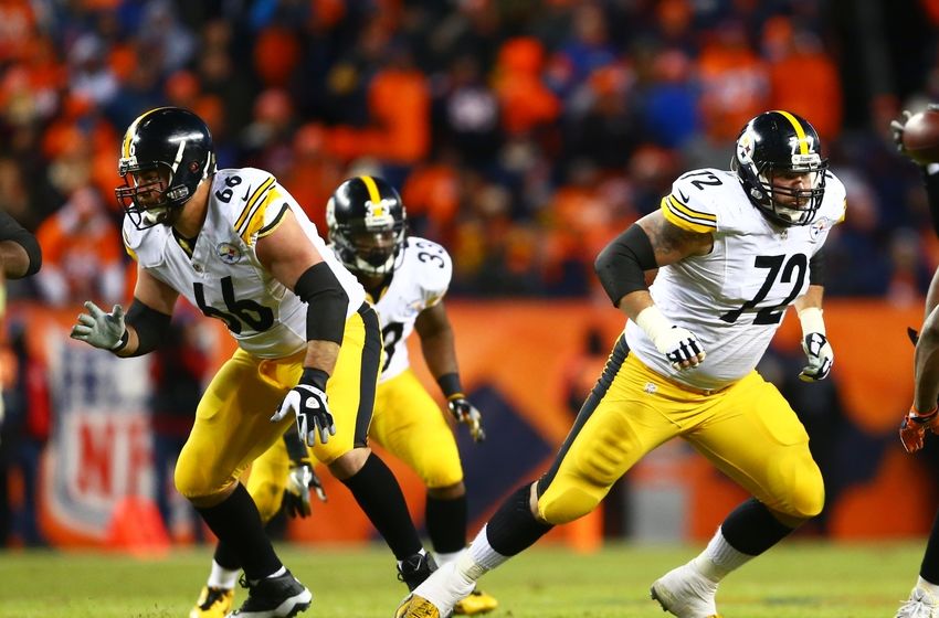 Jan 17, 2016; Denver, CO, USA; Pittsburgh Steelers offensive guard David DeCastro (66) and center Cody Wallace (72) against the Denver Broncos during the AFC Divisional round playoff game at Sports Authority Field at Mile High. Mandatory Credit: Mark J. Rebilas-USA TODAY Sports