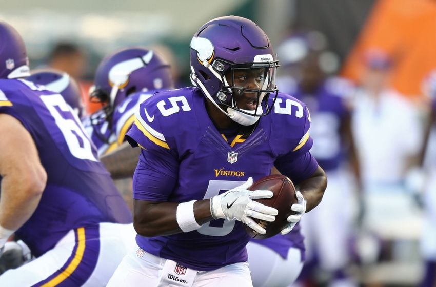 Aug 12, 2016; Cincinnati, OH, USA; Minnesota Vikings quarterback Teddy Bridgewater (5) drops back to pass in the first half against the Cincinnati Bengals in a preseason NFL football game at Paul Brown Stadium. Mandatory Credit: Aaron Doster-USA TODAY Sports