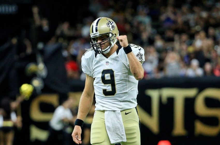 Aug 26, 2016; New Orleans, LA, USA; New Orleans Saints quarterback Drew Brees (9) reacts after a touchdown against the Pittsburgh Steelers during the first half of a preseason game at Mercedes-Benz Superdome. Mandatory Credit: Derick E. Hingle-USA TODAY Sports