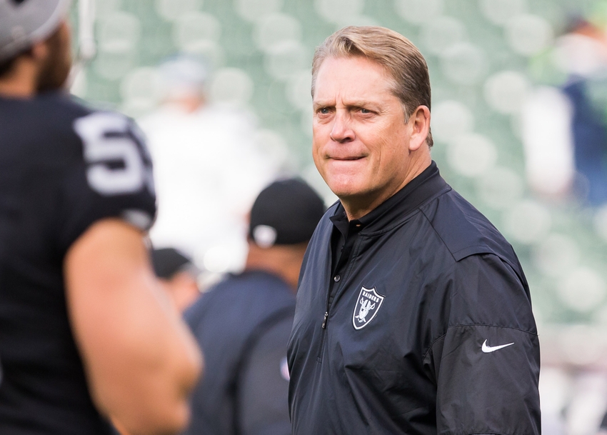 Oakland Raiders head coach Jack Del Rio on the field before the game Seattle Seahawks at Oakland Coliseum.