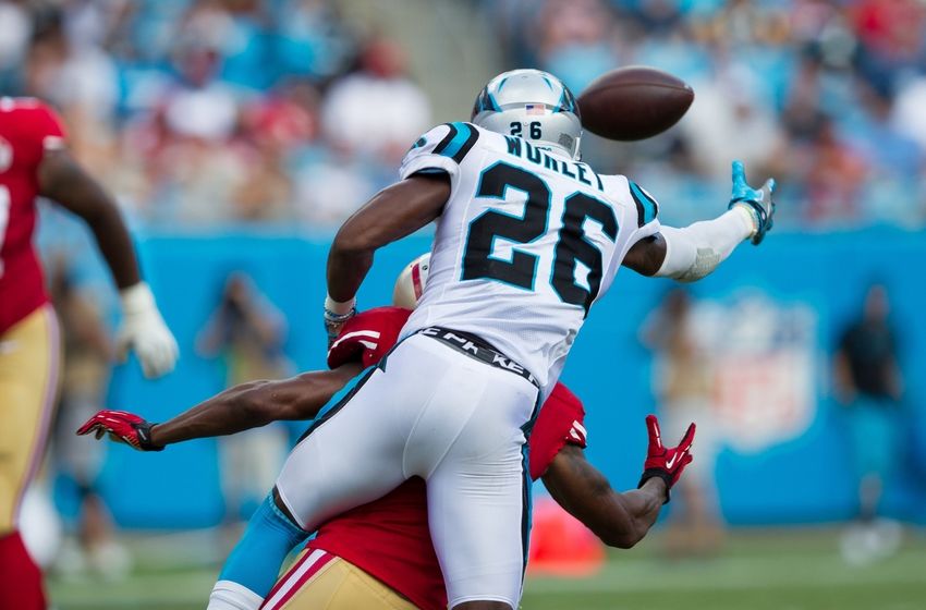 Sep 18, 2016; Charlotte, NC, USA; Carolina Panthers cornerback Daryl Worley (26) breaks up a pass during the third quarter against the San Francisco 49ers at Bank of America Stadium. The Panthers defeated the 49ers 46-27. Mandatory Credit: Jeremy Brevard-USA TODAY Sports