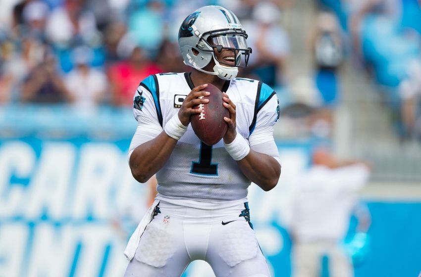 Sep 18, 2016; Charlotte, NC, USA; Carolina Panthers quarterback Cam Newton (1) drops back to pass in the third quarter against the San Francisco 49ers at Bank of America Stadium. The Panthers defeated the 49ers 46-27. Mandatory Credit: Jeremy Brevard-USA TODAY Sports