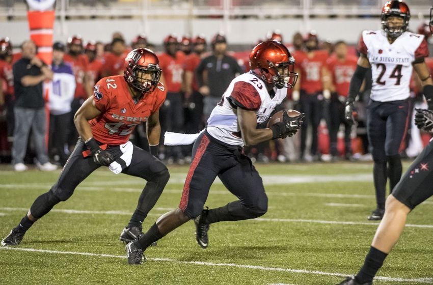 Nov 21, 2015; Las Vegas, NV, USA; San Diego State Aztecs corner back Damontae Kazee (23) runs with the ball after receiving a punt from the UNLV Rebels during the third quarter at Sam Boyd Stadium. San Diego State won 52-14. Mandatory Credit: Joshua Dahl-USA TODAY Sports
