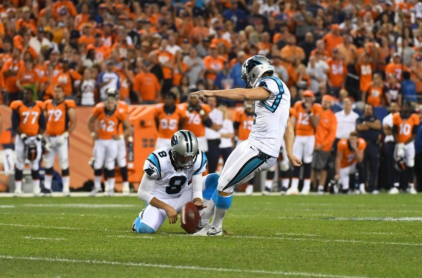 Sep 8, 2016; Denver, CO, USA; Carolina Panthers kicker Graham Gano (9) misses a fifty yard field goal attempt as punter Andy Lee (8) holds in the fourth quarter against the Denver Broncos at Sports Authority Field at Mile High. The Broncos defeated the Panthers 21-20. Mandatory Credit: Ron Chenoy-USA TODAY Sports