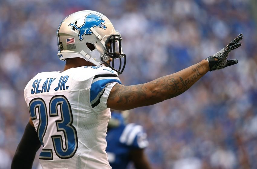 Sep 11, 2016; Indianapolis, IN, USA; Detroit Lions cornerback Darius Slay (23) reacts against the Indianapolis Colts at Lucas Oil Stadium. The Lions won 39-35. Mandatory Credit: Aaron Doster-USA TODAY Sports