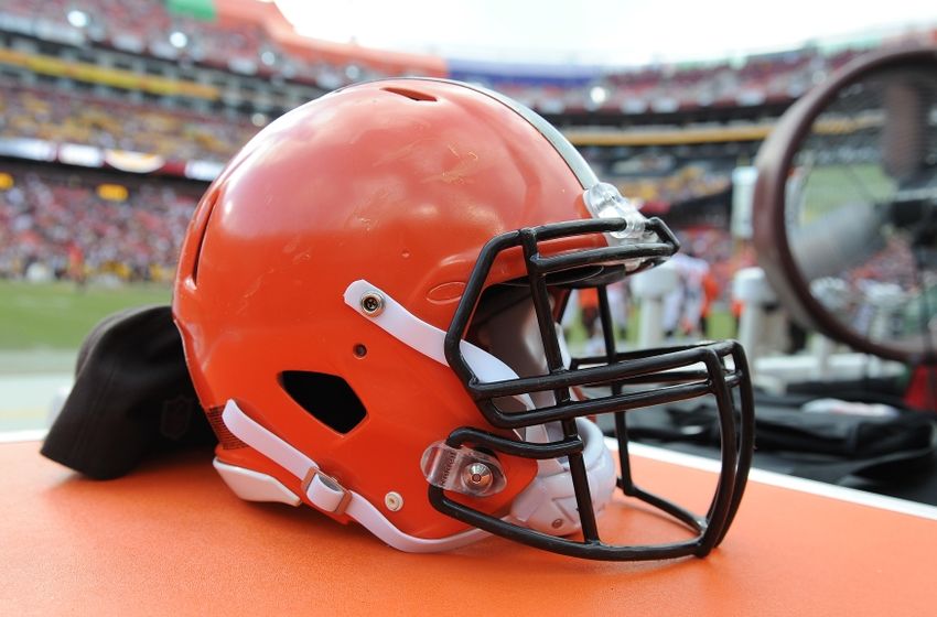Oct 2, 2016; Landover, MD, USA; Detail view of Cleveland Browns helmet against the Washington Redskins during the second half at FedEx Field. Washington Redskins wins 31 - 20. Mandatory Credit: Brad Mills-USA TODAY Sports