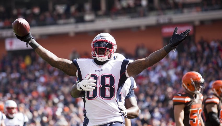 Oct 9, 2016; Cleveland, OH, USA; New England Patriots tight end Martellus Bennett (88) celebrates his second quarter touchdown against the Cleveland Browns at FirstEnergy Stadium. Mandatory Credit: Scott R. Galvin-USA TODAY Sports
