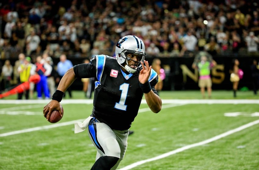 Oct 16, 2016; New Orleans, LA, USA; Carolina Panthers quarterback Cam Newton (1) runs for a touchdown against the New Orleans Saints during the fourth quarter of a game at the Mercedes-Benz Superdome. The Saints defeated the Panthers 41-38. Mandatory Credit: Derick E. Hingle-USA TODAY Sports