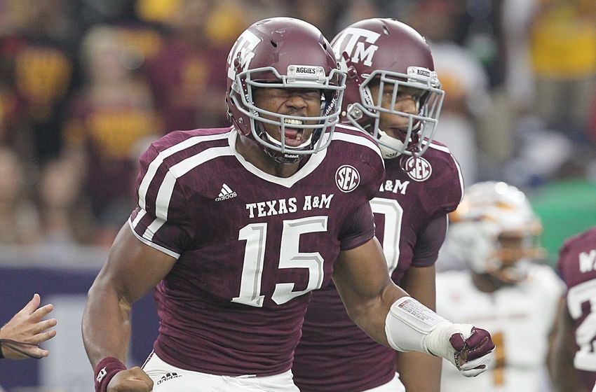 Sep 5, 2015; Houston, TX, USA; Texas A&M Aggies defensive lineman Myles Garrett (15) celebrates his sack against Arizona State Sun Devils quarterback Mike Bercovici (2) (not pictured)in the first quarter at NRG Stadium. Mandatory Credit: Thomas B. Shea-USA TODAY Sports