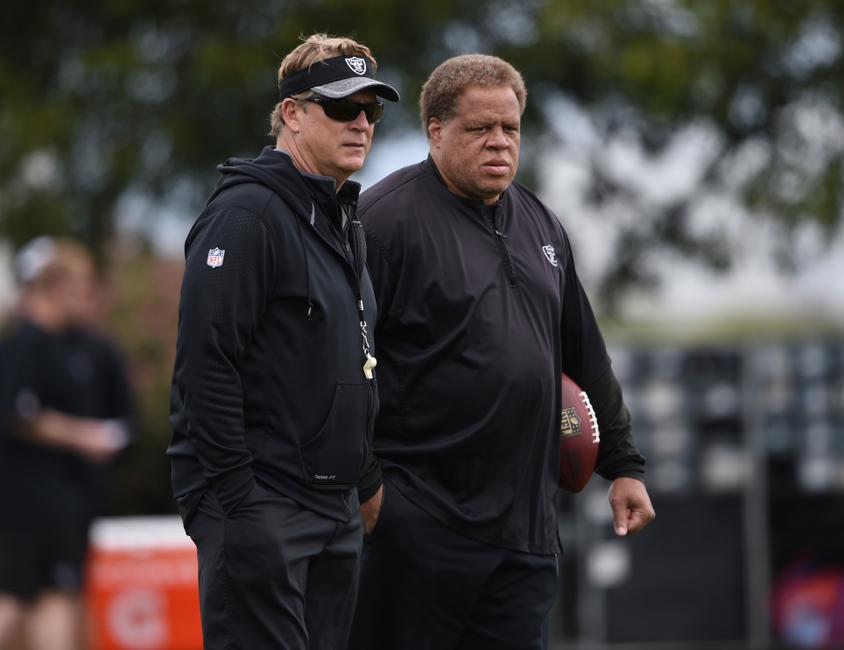 Oakland Raiders coach Jack Del Rio (left) and general manager Reggie McKenzie during rookie minicamp at the Raiders practice facility.