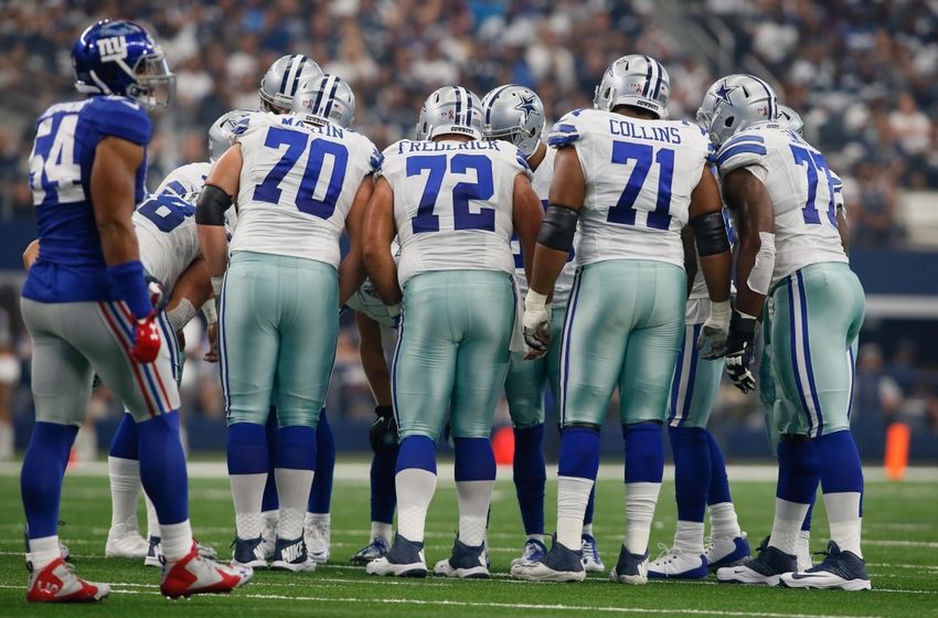 Sep 11, 2016; Arlington, TX, USA; Dallas Cowboys guard Zack Martin (70) and center Travis Frederick (72) and offensive guard La'el Collins (71) and tackle Tyron Smith (77) line up during the game against the New York Giants at AT&T Stadium. New York won 20-19. Mandatory Credit: Tim Heitman-USA TODAY Sports