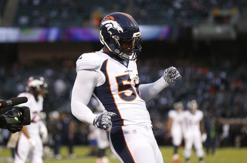 Nov 6, 2016; Oakland, CA, USA; Denver Broncos outside linebacker Von Miller (58) dances on the field before the start of the game against the Oakland Raiders at Oakland Coliseum. Mandatory Credit: Cary Edmondson-USA TODAY Sports