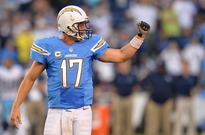 Nov 6, 2016; San Diego, CA, USA; San Diego Chargers quarterback Philip Rivers (17) pumps his fist during the fourth quarter against the Tennessee Titans at Qualcomm Stadium. Mandatory Credit: Jake Roth-USA TODAY Sports