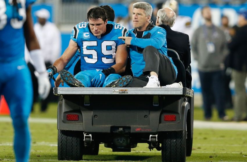 Nov 17, 2016; Charlotte, NC, USA; Carolina Panthers middle linebacker Luke Kuechly (59) rides the cart after an injury in the fourth quarter against the New Orleans Saints at Bank of America Stadium. The Panthers defeated the Saints 23-20. Mandatory Credit: Jeremy Brevard-USA TODAY Sports