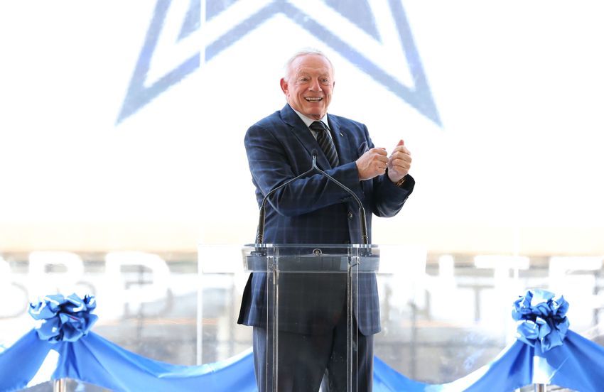 Aug 21, 2016; Frisco, TX, USA; Dallas Cowboys owner Jerry Jones speaks prior to the ribbon cutting for the Ford Center at The Star. Mandatory Credit: Matthew Emmons-USA TODAY Sports