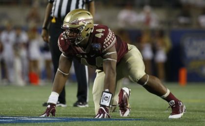Sep 5, 2016; Orlando, FL, USA; Florida State Seminoles defensive end DeMarcus Walker (44) rushes against the Mississippi Rebels during the second half at Camping World Stadium. Florida State Seminoles defeated the Mississippi Rebels 45-34. Mandatory Credit: Kim Klement-USA TODAY Sports