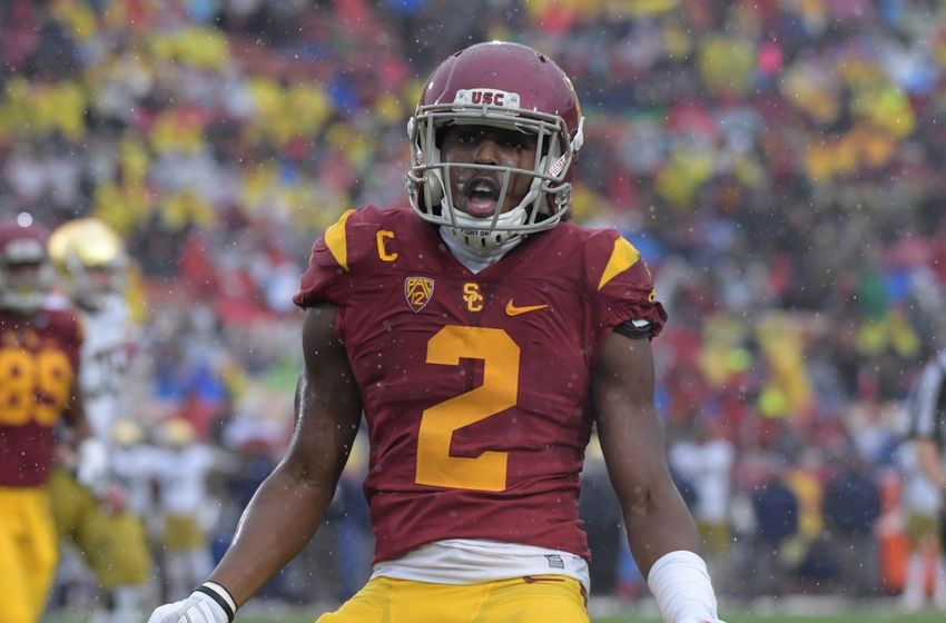 Nov 26, 2016; Los Angeles, CA, USA; Southern California Trojans defensive back Adoree Jackson (2) celebrates during a NCAA football game against the Notre Dame Fighting Irish at Los Angeles Memorial Coliseum. Mandatory Credit: Kirby Lee-USA TODAY Sports