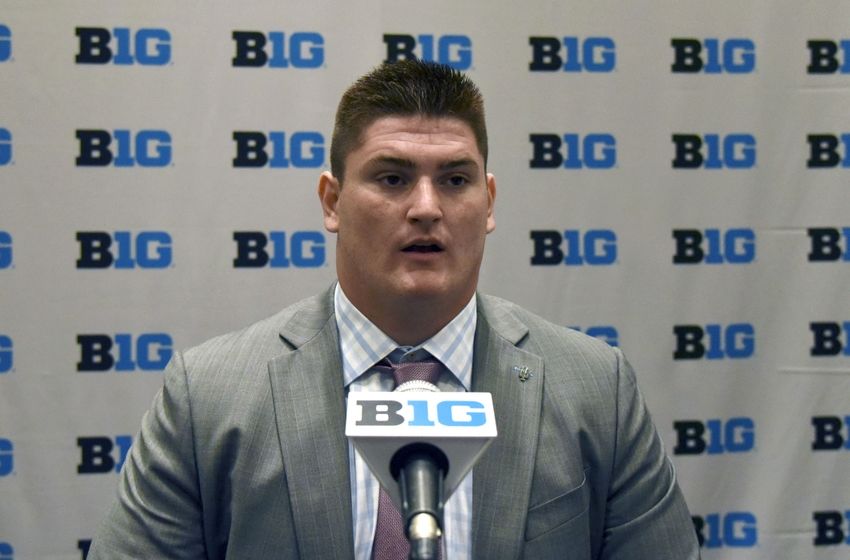 Jul 26, 2016; Chicago, IL, USA; Indian Hoosier offensive lineman Dan Feeney addresses the media during the Big Ten football media day at the Hyatt Regency. Mandatory Credit: David Banks-USA TODAY Sports