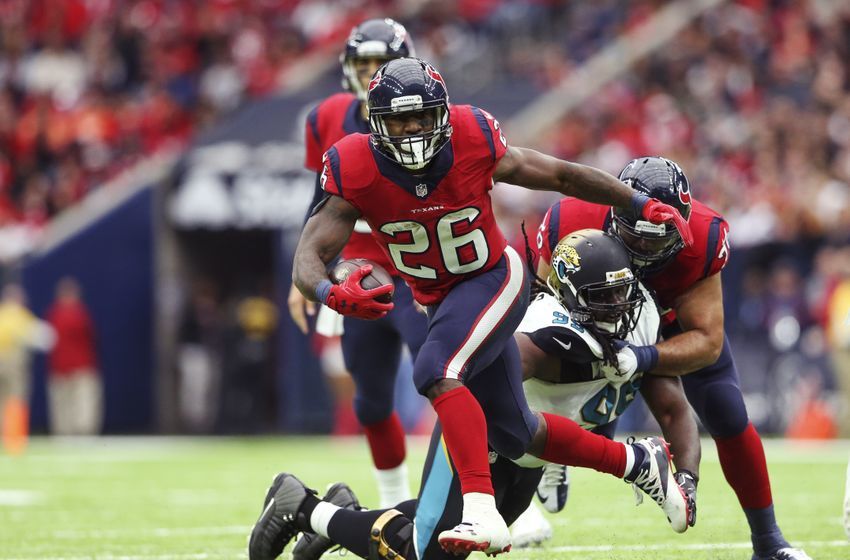Dec 18, 2016; Houston, TX, USA; Houston Texans running back Lamar Miller (26) runs with the ball during the first half against the Jacksonville Jaguars at NRG Stadium. Mandatory Credit: Kevin Jairaj-USA TODAY Sports