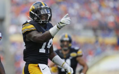 Jan 2, 2017; Tampa , FL, USA; Iowa Hawkeyes defensive back Desmond King (14) points and reacts against the Florida Gators during the first half at Raymond James Stadium. Mandatory Credit: Kim Klement-USA TODAY Sports