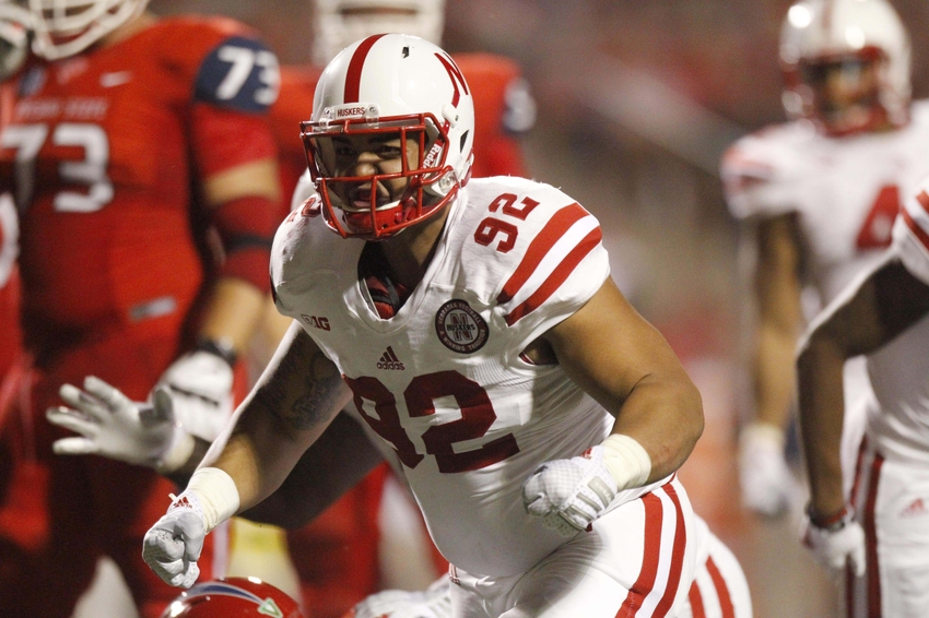 Sep 13, 2014; Fresno, CA, USA; Nebraska Cornhuskers defensive tackle Kevin Williams (92) reacts after making a tackle against the Fresno State Bulldogs in the second quarter at Bulldog Stadium. Mandatory Credit: Cary Edmondson-USA TODAY Sports