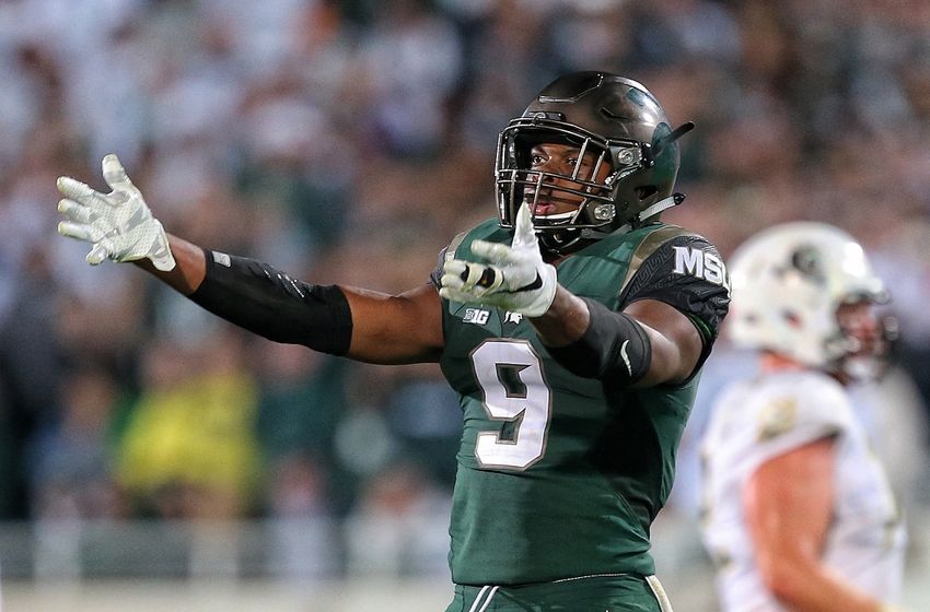 Sep 12, 2015; East Lansing, MI, USA; Michigan State Spartans safety Montae Nicholson (9) gestures to the crowd during the 2nd half of a game at Spartan Stadium. MSU won 31-28. Mandatory Credit: Mike Carter-USA TODAY Sports