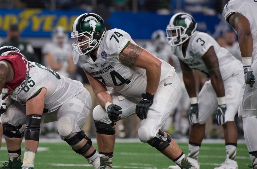 Dec 31, 2015; Arlington, TX, USA; Michigan State Spartans offensive tackle Jack Conklin (74) during the game against the Alabama Crimson Tide in the 2015 Cotton Bowl at AT&T Stadium. Mandatory Credit: Jerome Miron-USA TODAY Sports