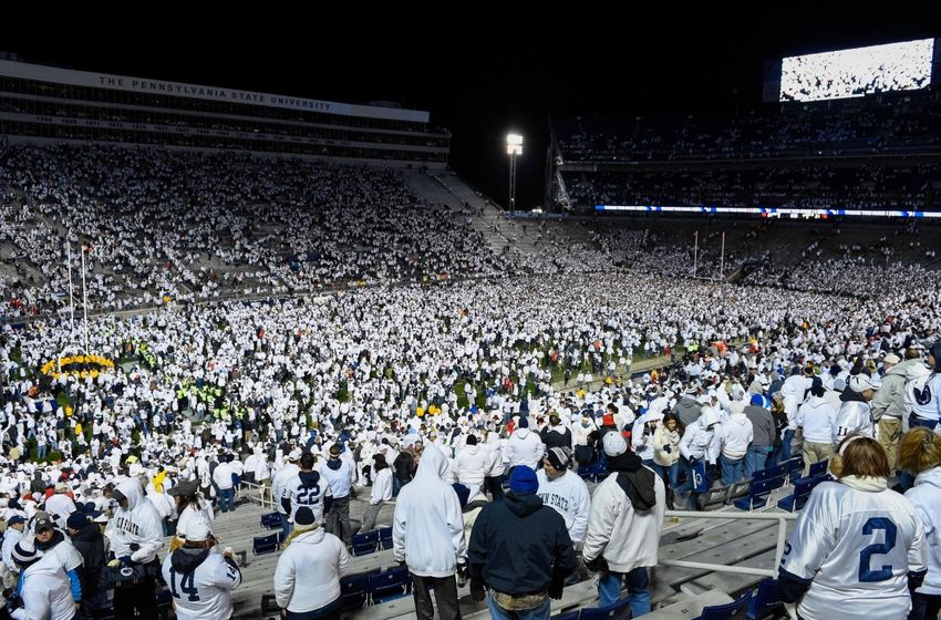 Oct 22, 2016; University Park, PA, USA; Penn State Nittany Lions fans celebrate their teams victory on the field against the Ohio State Buckeyes at Beaver Stadium. Penn State defeated Ohio State 24-21. Mandatory Credit: Rich Barnes-USA TODAY Sports