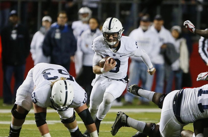 Nov 19, 2016; Piscataway, NJ, USA; Penn State Nittany Lions quarterback Trace McSorley (9) rushes for yardage against Rutgers Scarlet Knights during first half at High Points Solutions Stadium. Mandatory Credit: Noah K. Murray-USA TODAY Sports