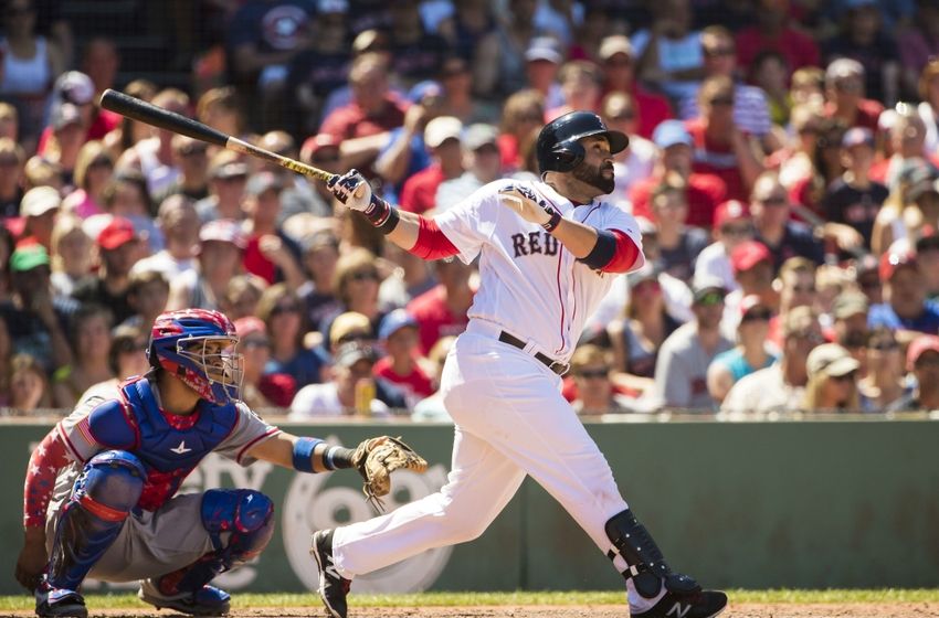 Jul 4, 2016; Boston, MA, USA; Boston Red Sox catcher Sandy Leon (3) follows through on a double against the Texas Rangers during the fourth inning at Fenway Park. Mandatory Credit: Winslow Townson-USA TODAY Sports