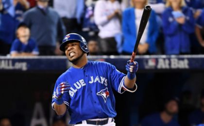 Oct 19, 2016; Toronto, Ontario, CAN; Toronto Blue Jays first baseman Edwin Encarnacion (10) reacts to striking out during the ninth inning against the Cleveland Indians in game five of the 2016 ALCS playoff baseball series at Rogers Centre. Mandatory Credit: Nick Turchiaro-USA TODAY Sports