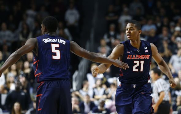 Nov 18, 2015; Providence, RI, USA; Illinois Fighting Illini guard Jalen Coleman-Lands (5) and guard Malcolm Hill (21) celebrate during the first half of a game against the Providence Friars at Dunkin Donuts Center. Mandatory Credit: Mark L. Baer-USA TODAY Sports