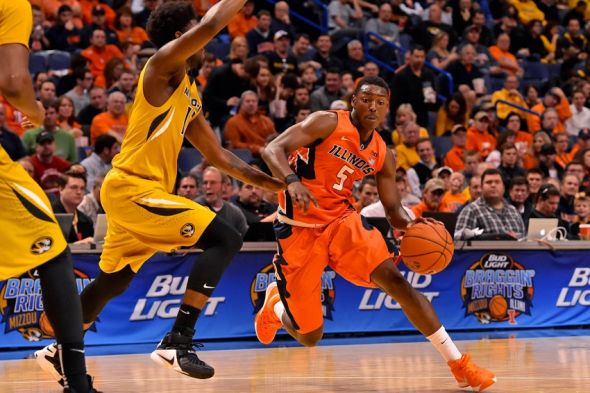 Dec 23, 2015; St. Louis, MO, USA; Illinois Fighting Illini guard Jalen Coleman-Lands (5) drives the ball against the Missouri Tigers during the second half at Scottrade Center. The Illinois Fighting Illini defeat the Missouri Tigers 68-63. Mandatory Credit: Jasen Vinlove-USA TODAY Sports