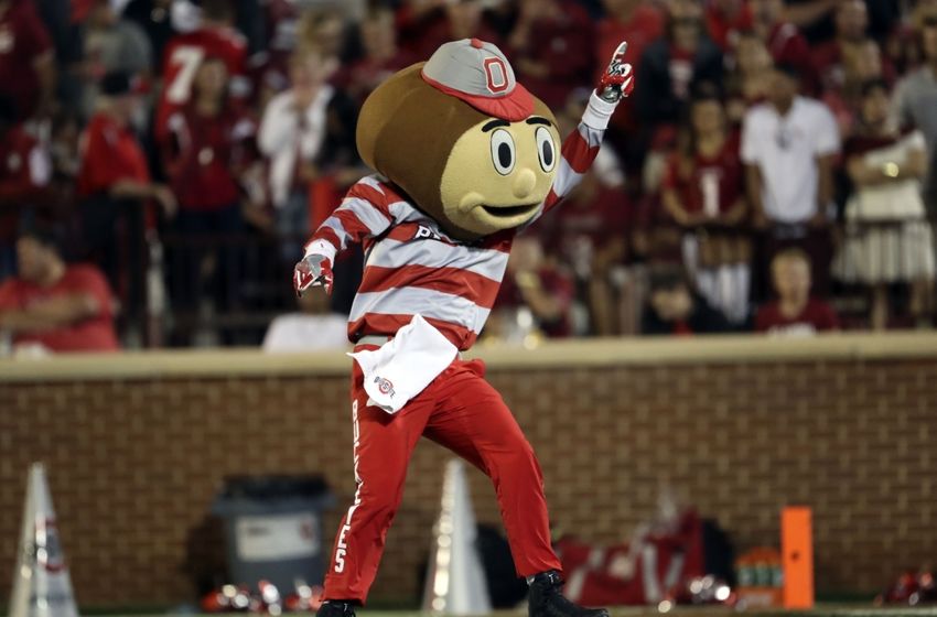 Sep 17, 2016; Norman, OK, USA; Ohio State Buckeyes mascot Brutus Buckeye during the game against the Oklahoma Sooners at Gaylord Family - Oklahoma Memorial Stadium. Mandatory Credit: Kevin Jairaj-USA TODAY Sports