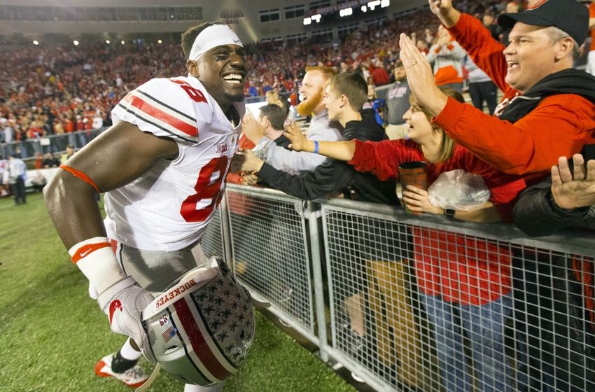 Oct 15, 2016; Madison, WI, USA; Ohio State Buckeyes tight end A.J. Alexander (88) celebrates with fans following the game against the Wisconsin Badgers at Camp Randall Stadium. Ohio State won 30-23. Mandatory Credit: Jeff Hanisch-USA TODAY Sports