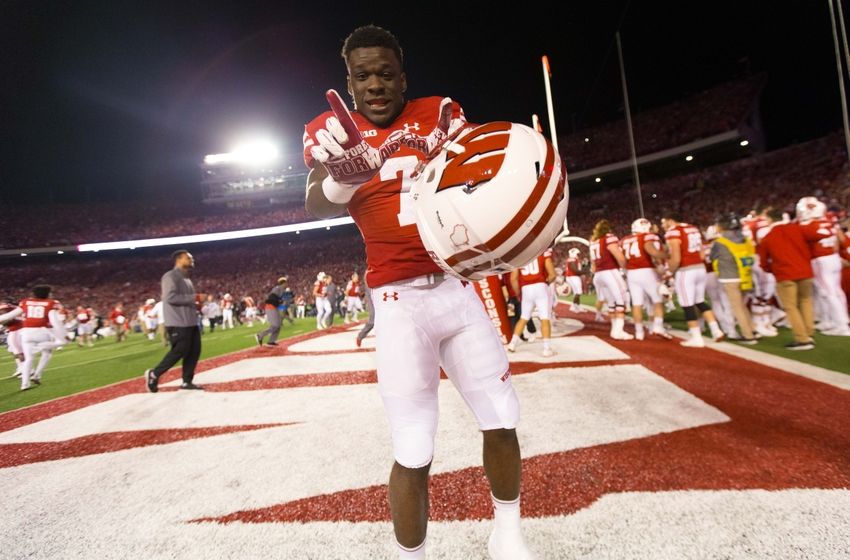 Oct 29, 2016; Madison, WI, USA; Wisconsin Badgers running back Bradrick Shaw (7) celebrates following the game against the Nebraska Cornhuskers at Camp Randall Stadium. Wisconsin won 23-17. Mandatory Credit: Jeff Hanisch-USA TODAY Sports