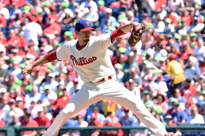 Apr 17, 2016; Philadelphia, PA, USA; Philadelphia Phillies starting pitcher Charlie Morton (47) throws a pitch during the first inning against the Washington Nationals at Citizens Bank Park. Mandatory Credit: Eric Hartline-USA TODAY Sports