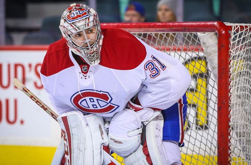 Oct 30, 2015; Calgary, Alberta, CAN; Montreal Canadiens goalie Carey Price (31) warms up prior to the game against the Calgary Flames at Scotiabank Saddledome. Mandatory Credit: Sergei Belski-USA TODAY Sports