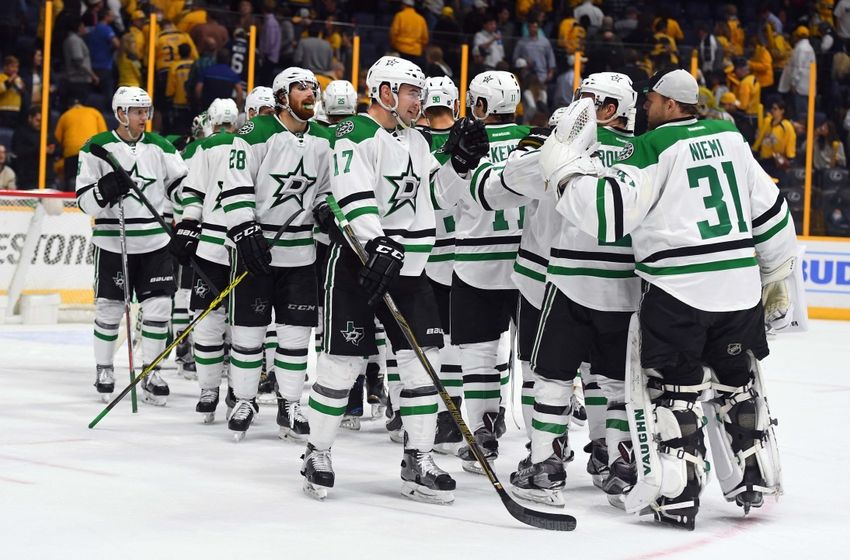 NHL Power Rankings: Dallas Stars players celebrate after a win against the Nashville Predators at Bridgestone Arena. The Stars won 2-1. Mandatory Credit: Christopher Hanewinckel-USA TODAY Sports