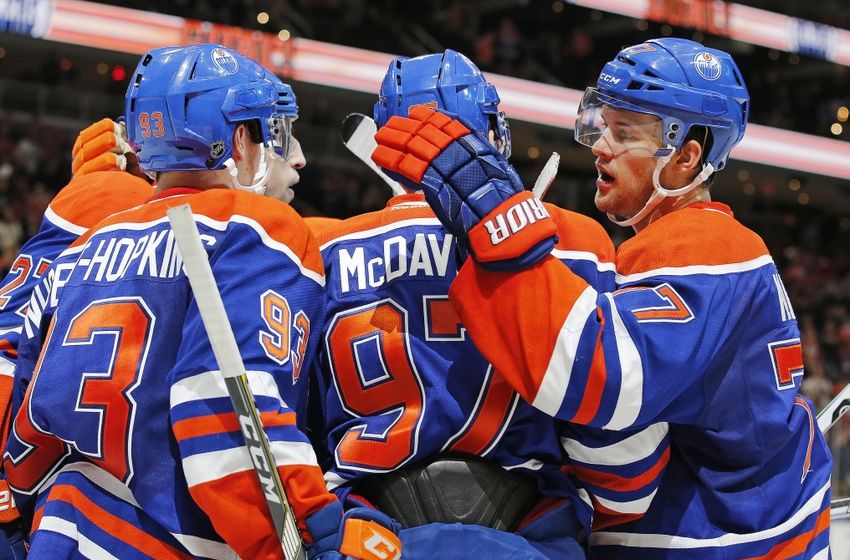 Oct 20, 2016; Edmonton, Alberta, CAN; The Edmonton Oilers celebrate a third period goal by forward Connor McDavid (97) against the St. Louis Blues at Rogers Place. Mandatory Credit: Perry Nelson-USA TODAY Sports