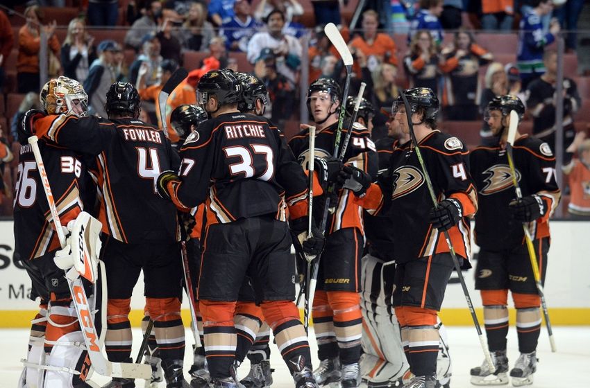 October 23, 2016; Anaheim, CA, USA; Anaheim Ducks goalie John Gibson (36) and the Ducks celebrate the 4-2 victory against the Vancouver Canucks following the third period at Honda Center. Mandatory Credit: Gary A. Vasquez-USA TODAY Sports