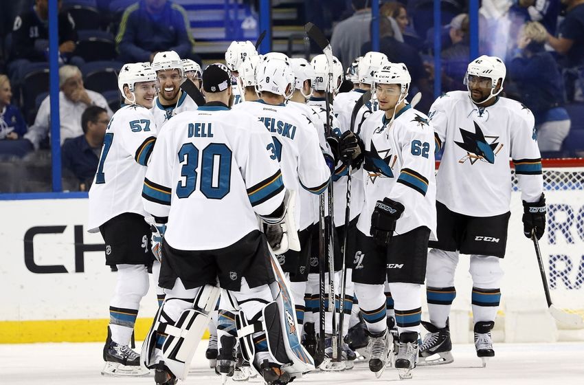 NHL Power Rankings: San Jose Sharks right wing Kevin Labanc (62) and teammates congratulate each other after they beat the Tampa Bay Lightning at Amalie Arena. San Jose Sharks defeated the Tampa Bay Lightning 3-1. Mandatory Credit: Kim Klement-USA TODAY Sports