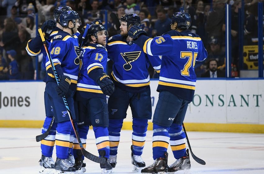 Nov 17, 2016; St. Louis, MO, USA; St. Louis Blues left wing Jaden Schwartz (17) is congratulated by defenseman Petteri Lindbohm (48) center Kyle Brodziak (28) and right wing Ryan Reaves (75) after scoring his second goal of the game against the San Jose Sharks during the second period at Scottrade Center. Mandatory Credit: Jeff Curry-USA TODAY Sports